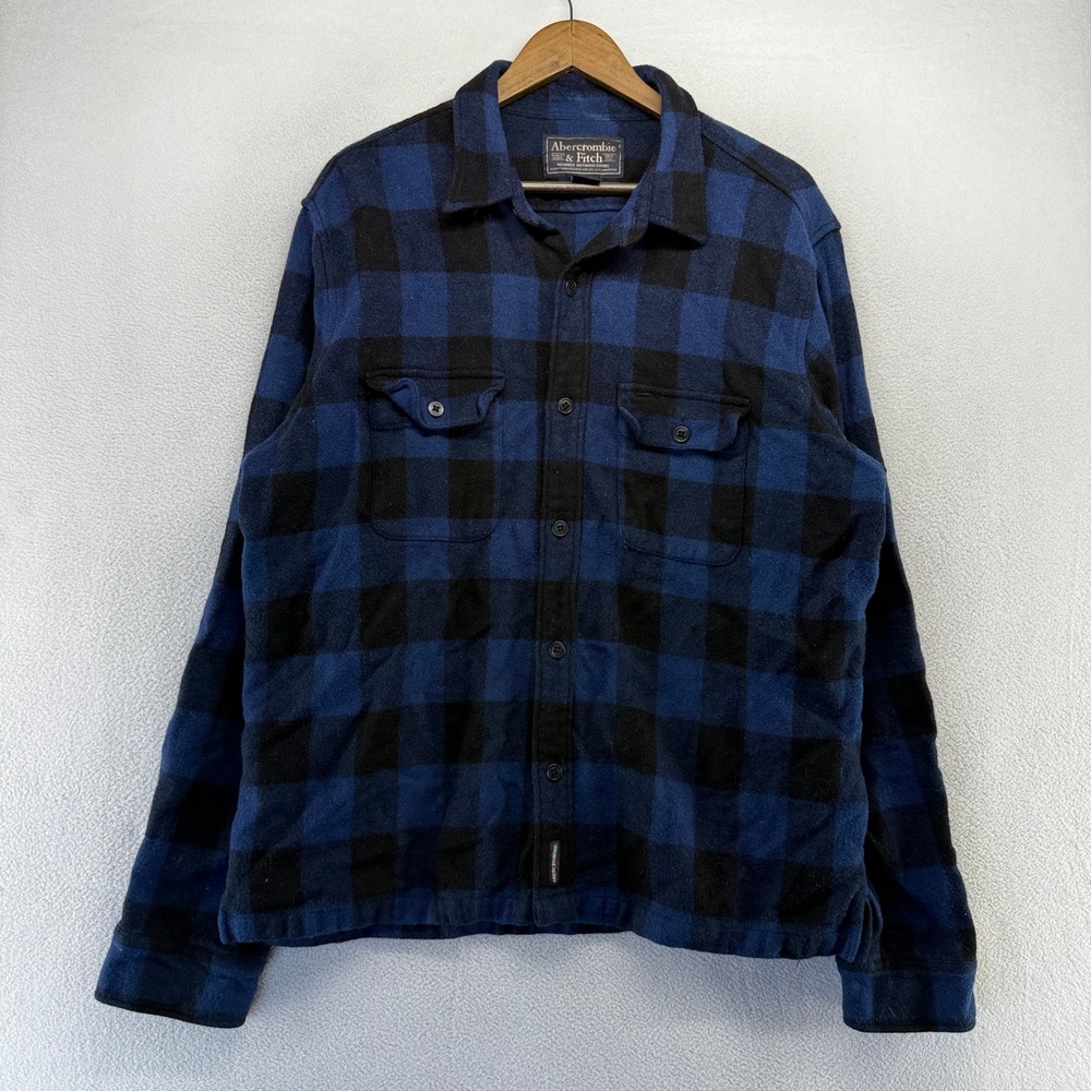Vintage Abercrombie Fitch Flannel Shirt Mens XL Blue Buffalo Plaid Wool Blend